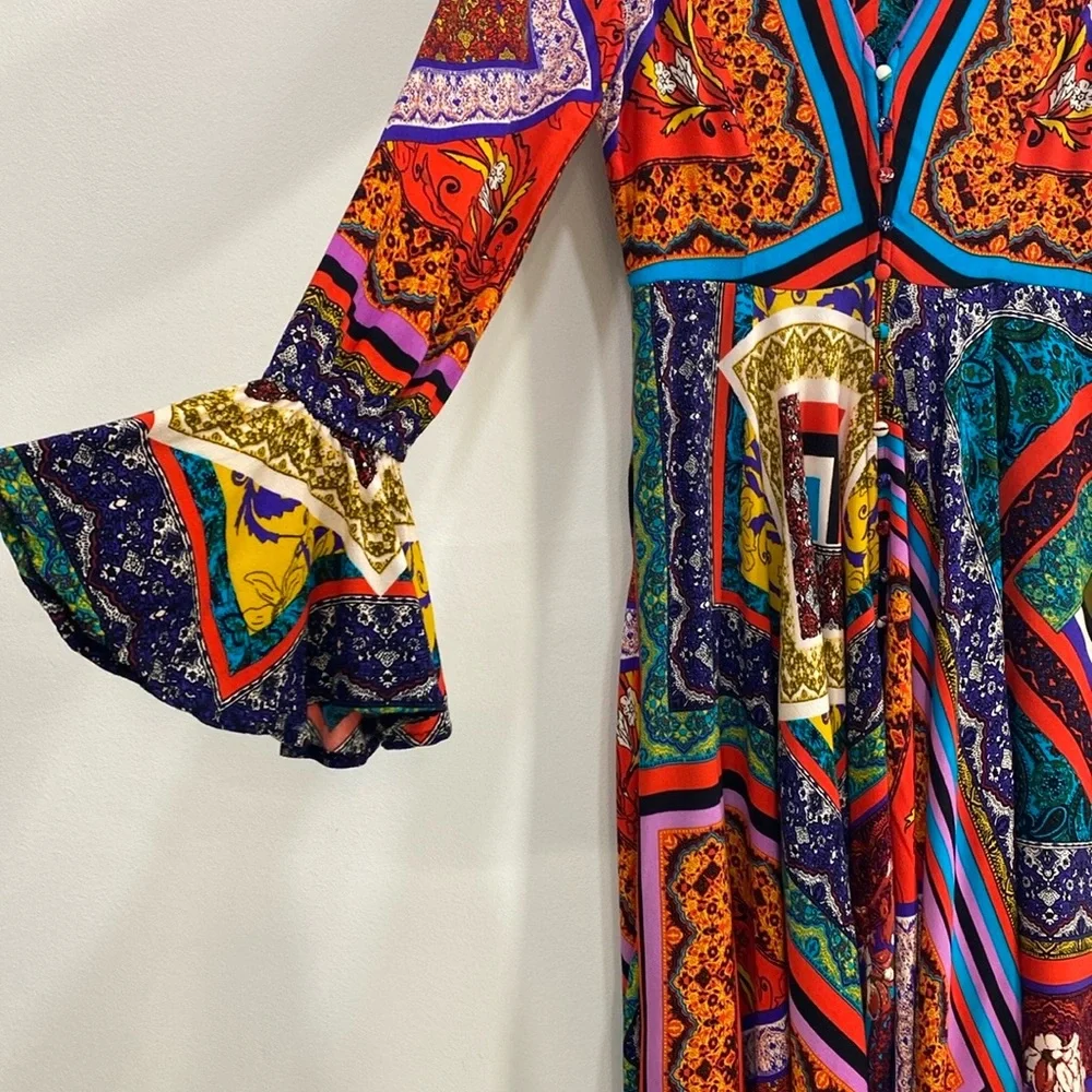 Free People Boho Patchwork‎ Hippie Dress Bell Sleeves XS